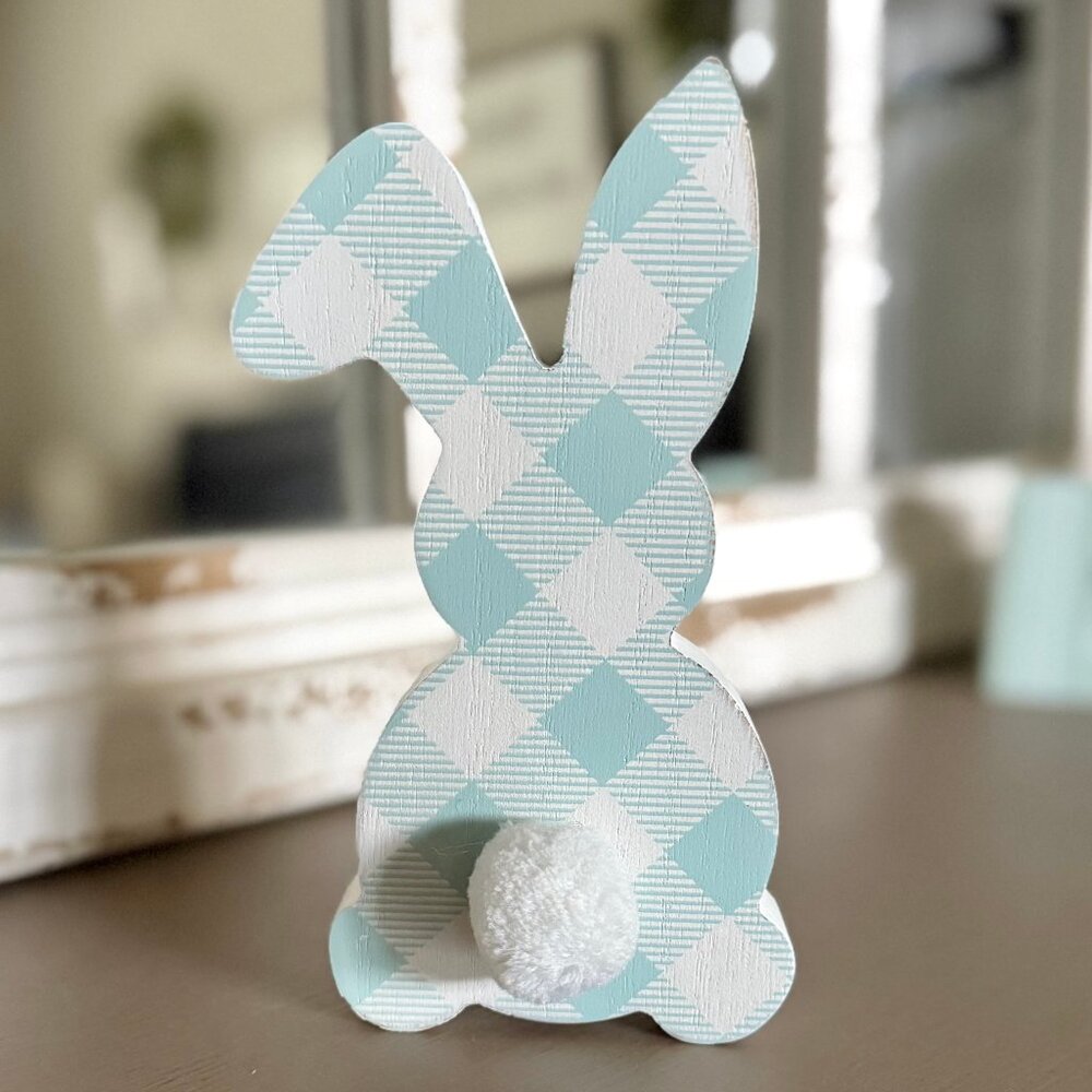 Wood Bunny With Pom Tail Block Shelf Sitter